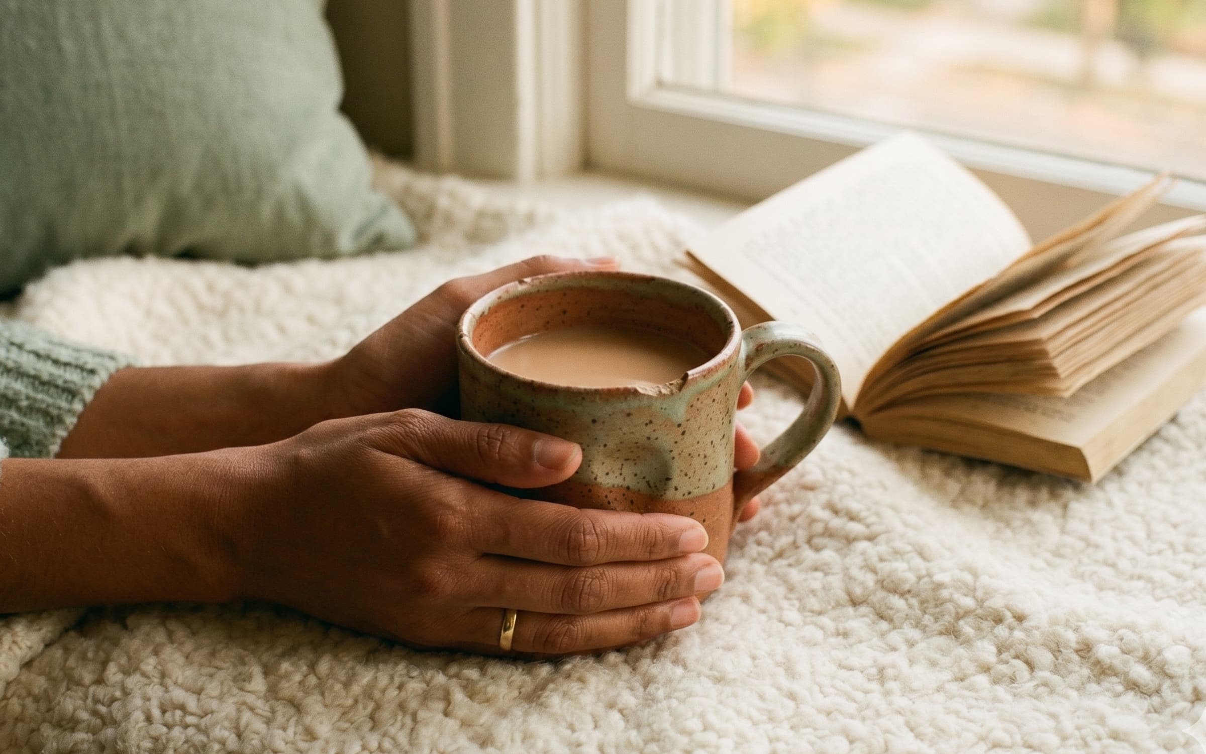 Two hands cupping a chipped hand-thrown stoneware mug of milky tea, resting on a soft cream wool blanket beside an open paperback and a sage cushion — an object made for one specific person, held by that person.