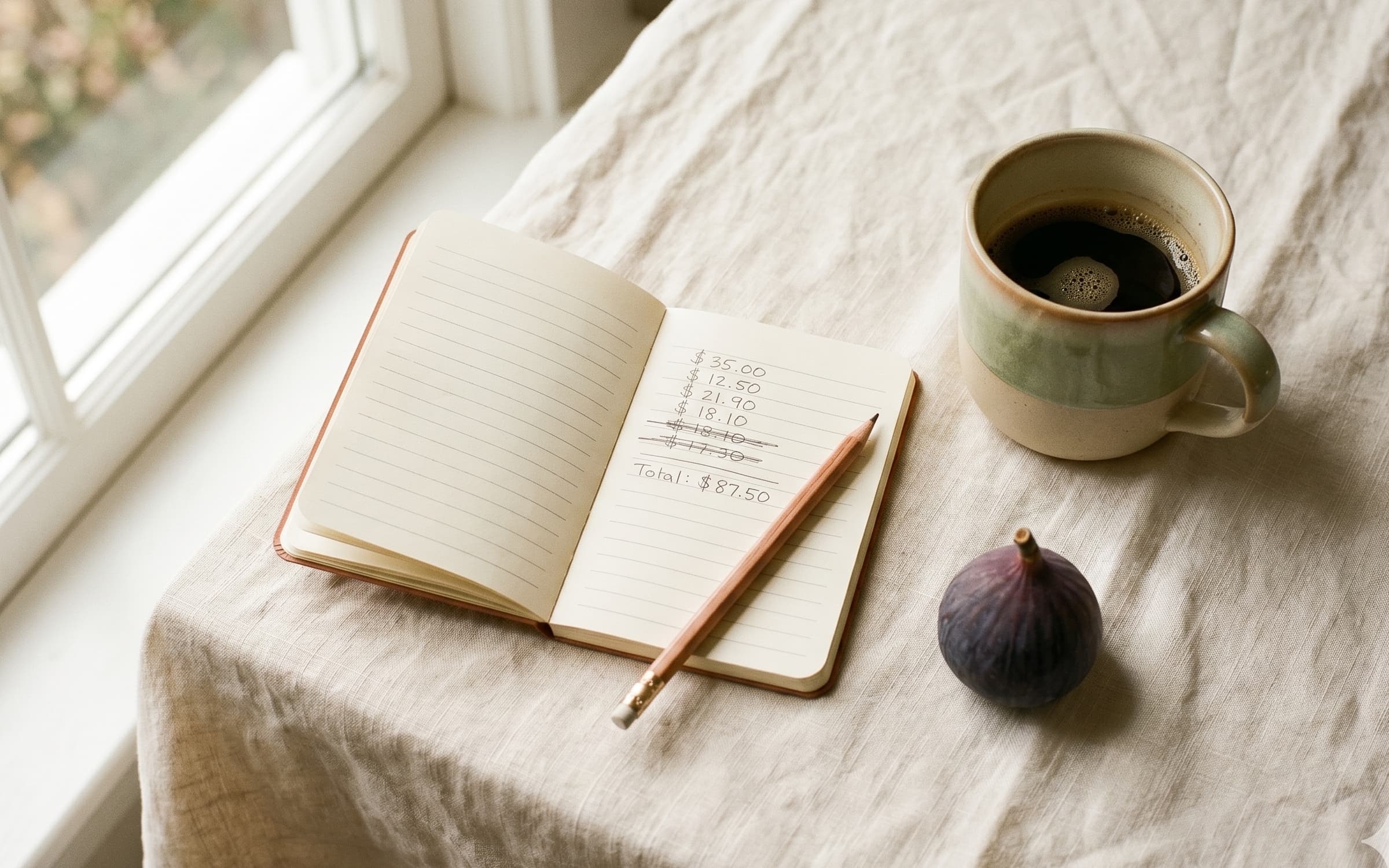An open notebook on a linen-covered windowsill in soft morning light, a hand-written list of monthly subscription costs with several items struck through and a total at the bottom, beside a stoneware cup of black coffee and a fresh fig.
