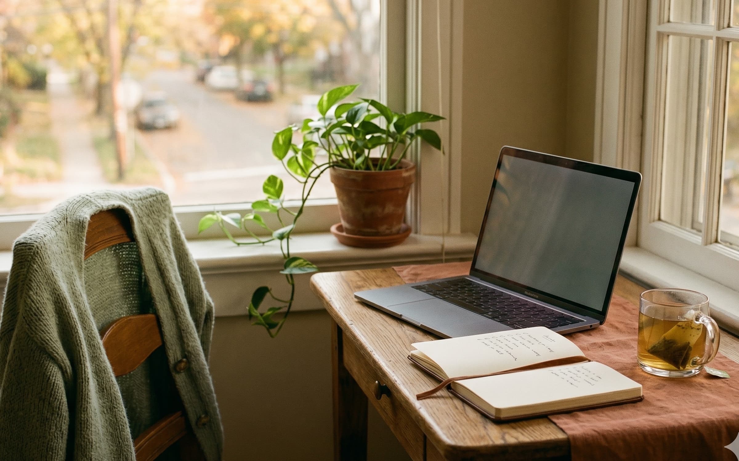 A small wooden desk by an autumn window with a half-closed laptop, a notebook open to handwritten notes, a glass mug of herbal tea, a sage cardigan draped over the chair, and a trailing pothos plant in a terracotta pot — a calm, settled-in afternoon workspace.
