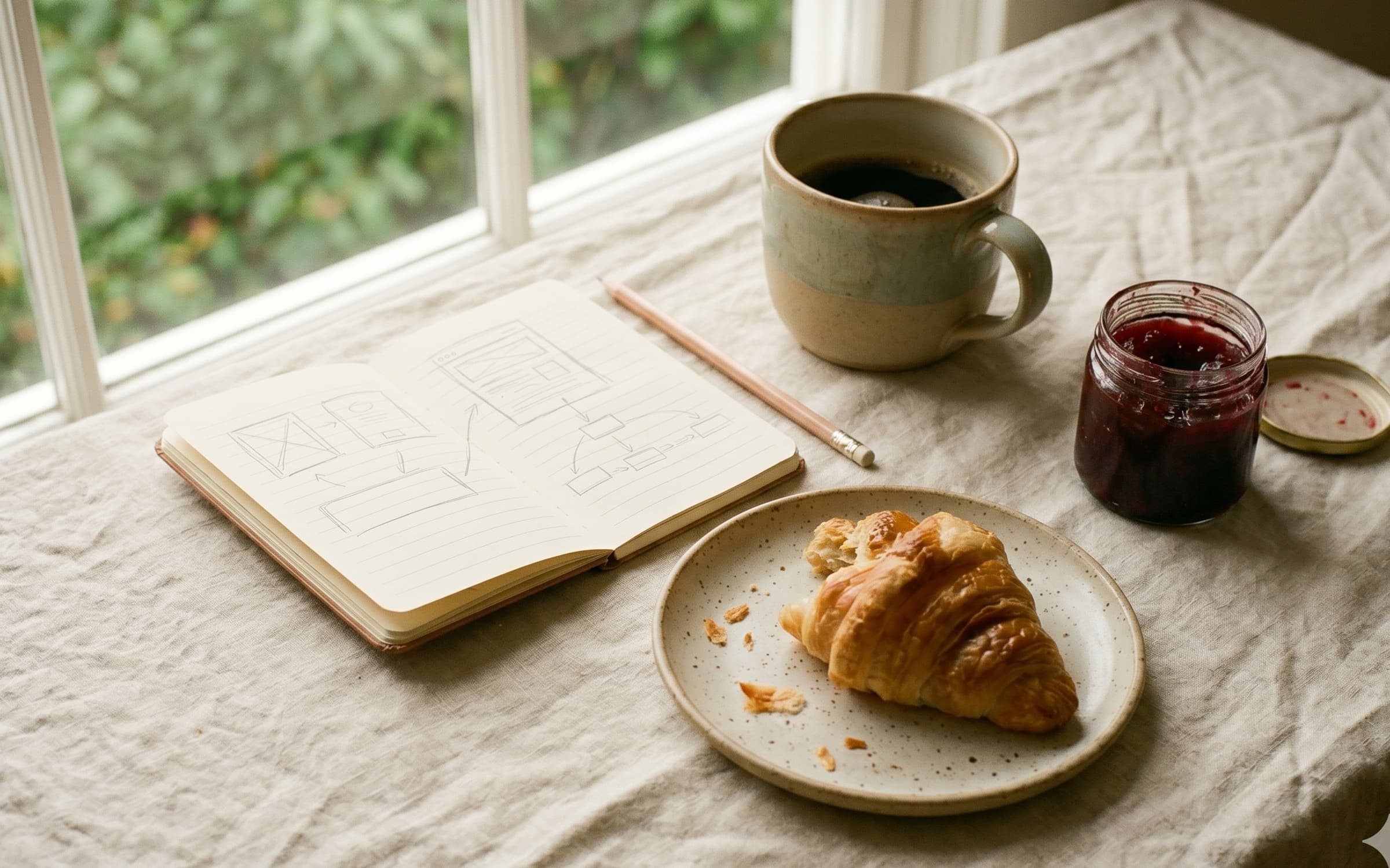 An open notebook on a linen-covered table by a garden window, hand-drawn pencil sketches of an app wireframe across both pages, beside a stoneware mug of black coffee, an open jar of jam, and a buttery croissant on a speckled plate — a Saturday morning writing session.