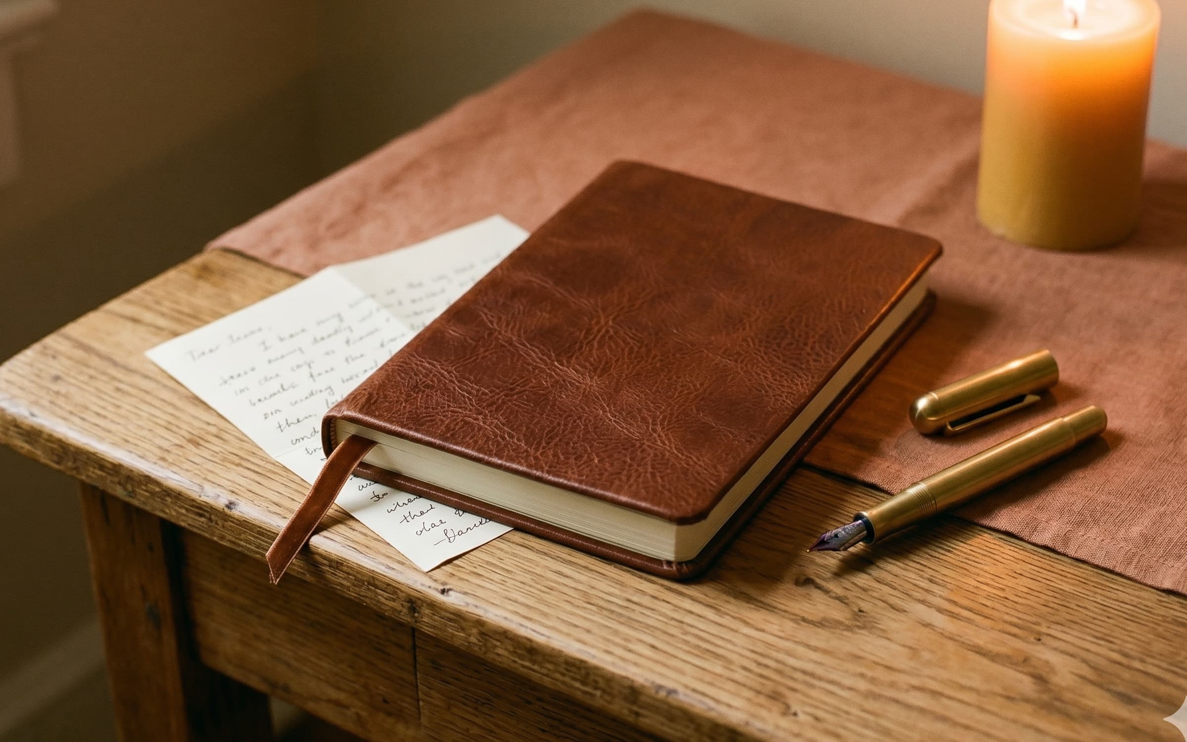 A leather-bound journal closed with a velvet ribbon bookmark on a wooden writing desk, a brass fountain pen with the cap off resting beside it, a half-tucked handwritten letter peeking from underneath, lit by warm amber candlelight — a private, evening writing scene.